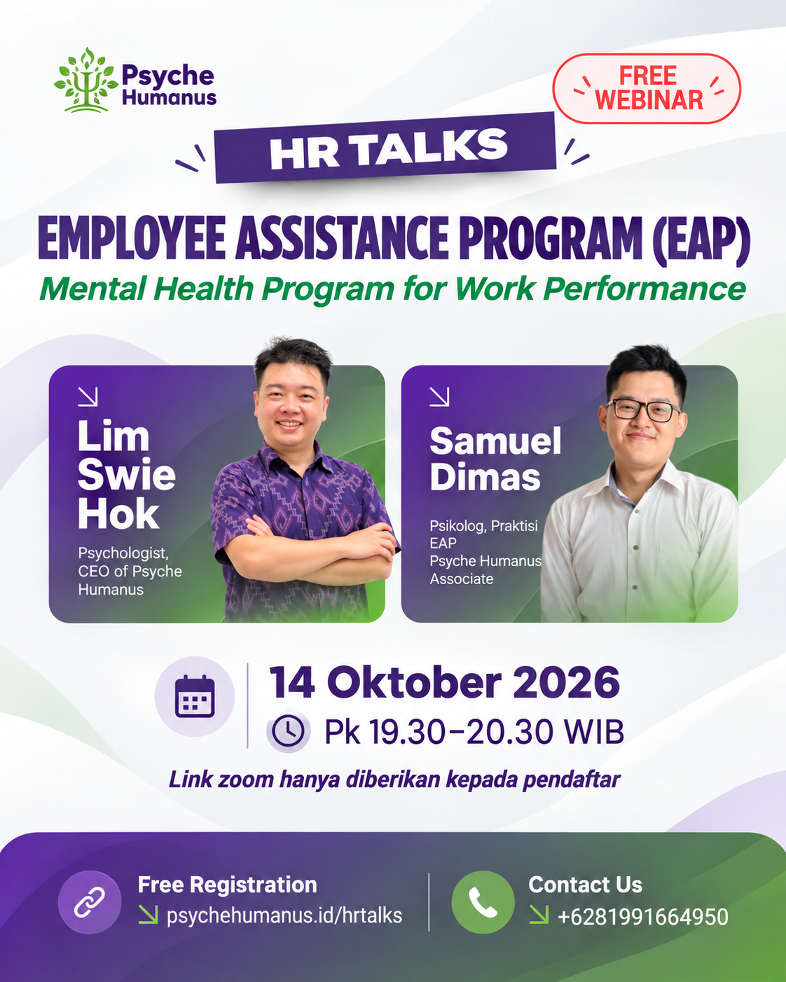 Poster HR Talks Employee Assistance Program (EAP) tentang Mental Health Program for Work Performance pada 14 Oktober 2026